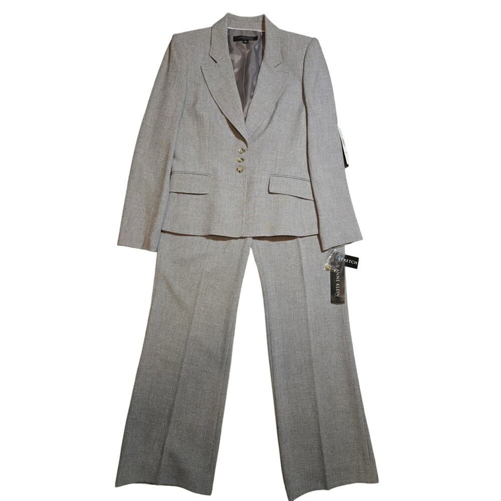 NWT Anne Klein Womens 2-Piece Gray Stretch Pantsuit Set Blazer Trousers Size 8